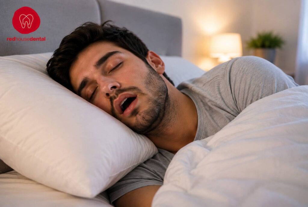 A man sleeping with his mouth open, illustrating a Mouth Breather during sleep.
