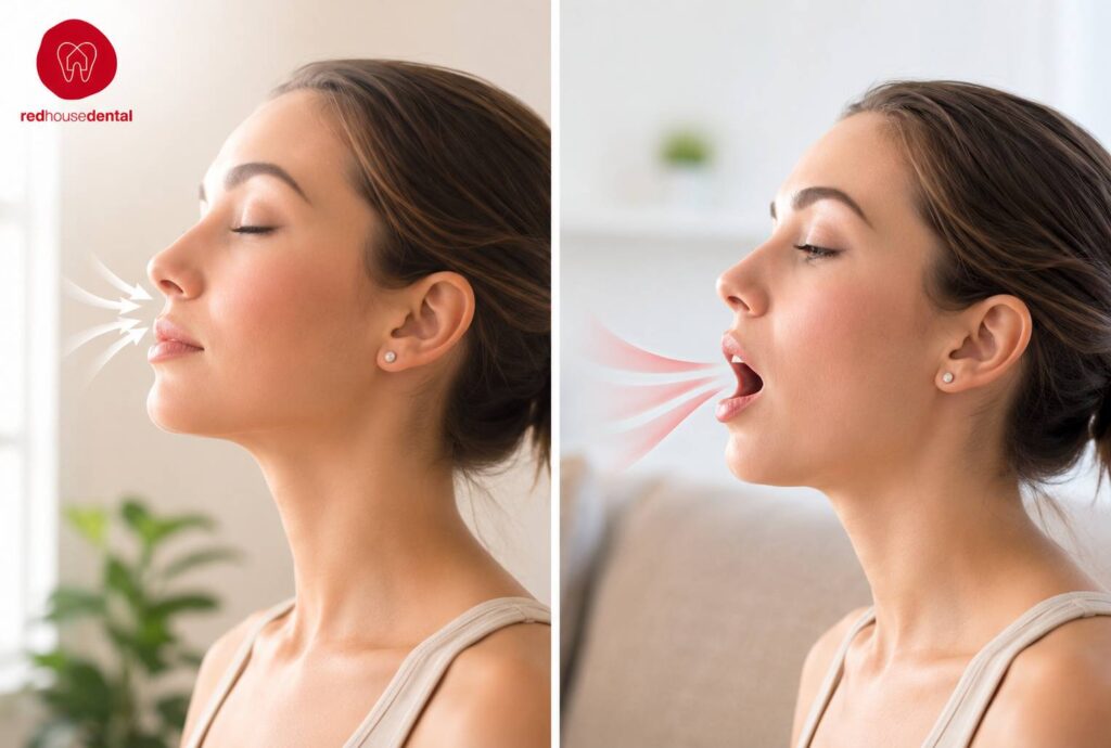 Alt Text
A woman breathing through her mouth, illustrating the signs of a Mouth Breather with airflow shown around her nose and mouth.