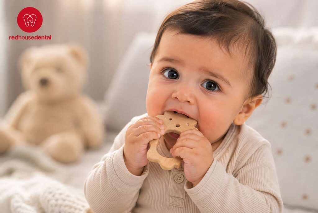 Baby smiling while holding a teething toy, highlighting healthy baby teeth development.