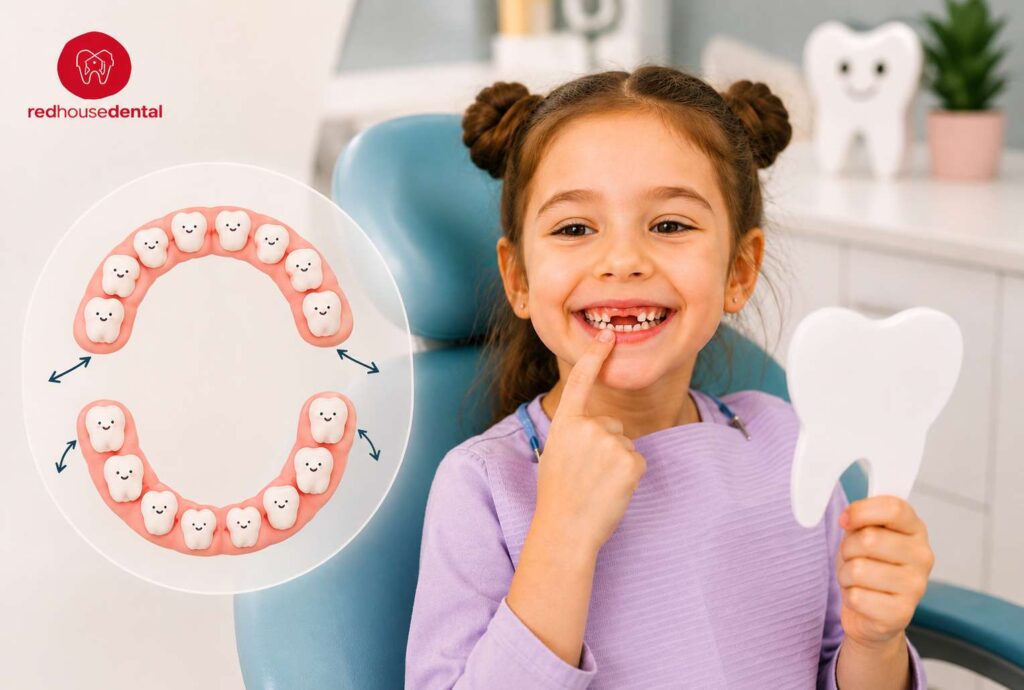 Child showing baby teeth during a dental checkup with a tooth development illustration.