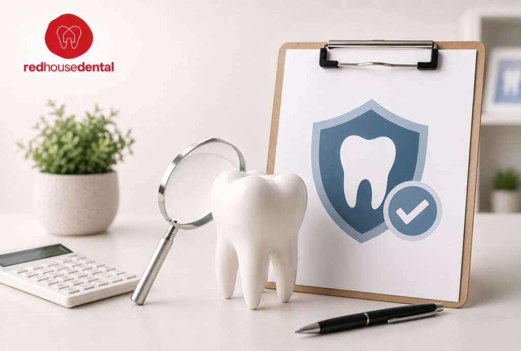 Dental Insurance concept featuring a healthy tooth, magnifying glass, calculator, and dental protection shield.