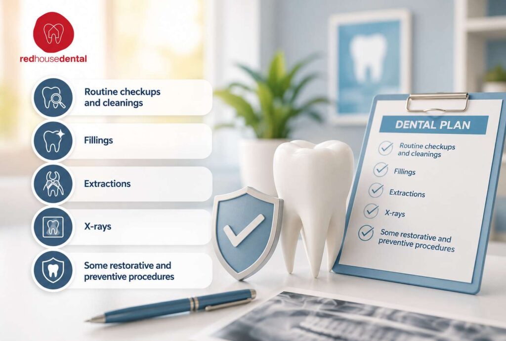 Dental Insurance plan covering routine checkups, cleanings, fillings, extractions, X-rays, and preventive dental procedures.