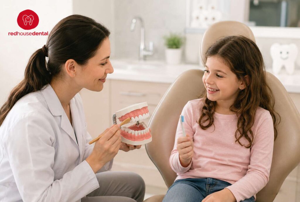 Dentist teaching a child about caring for healthy baby teeth with a dental model.