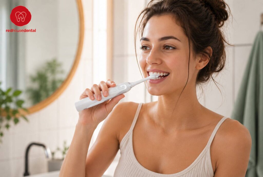 Woman brushing her teeth with an Electric Toothbrush.