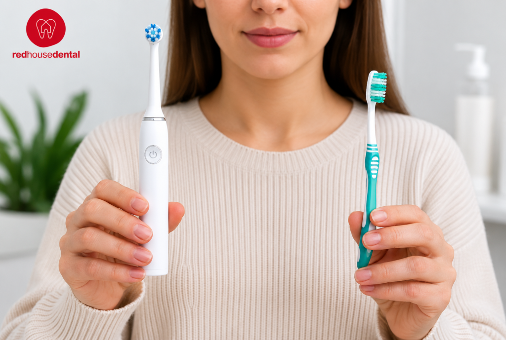 Woman comparing an Electric Toothbrush with a manual toothbrush.