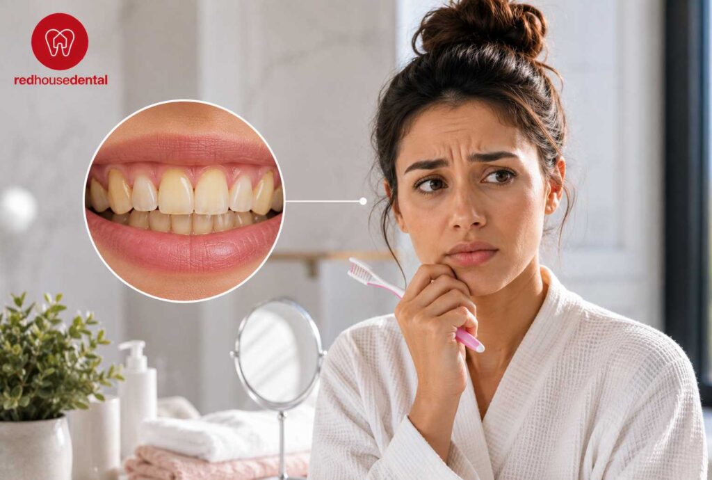 Woman concerned about Yellow Teeth, with a close-up showing tooth discoloration.