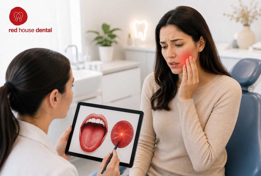 Woman consulting a dentist about symptoms of Burning Mouth Syndrome.