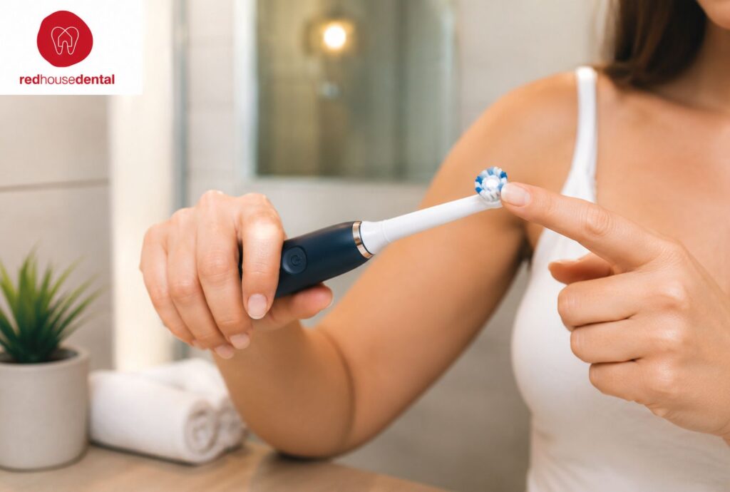 Woman holding an Electric Toothbrush in a bathroom.