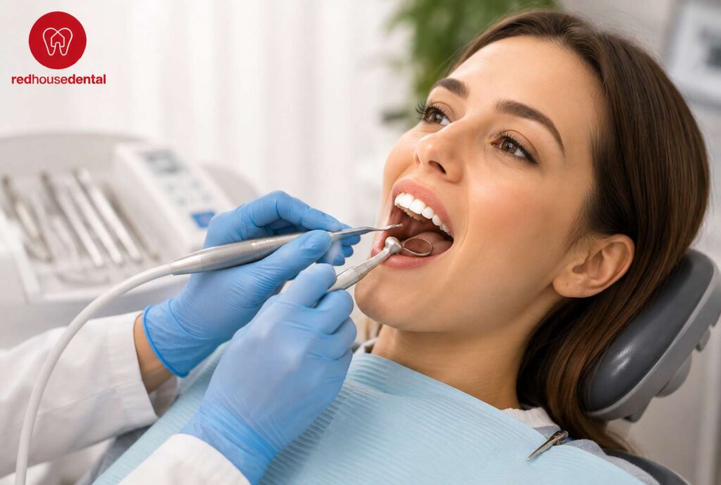 Woman receiving a dental check-up for Yellow Teeth.