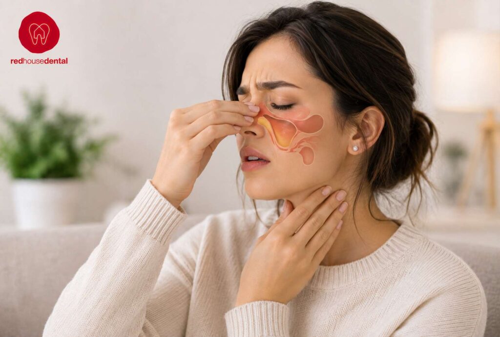 Woman showing sinus discomfort and nasal congestion, illustrating signs of a mouth breather.