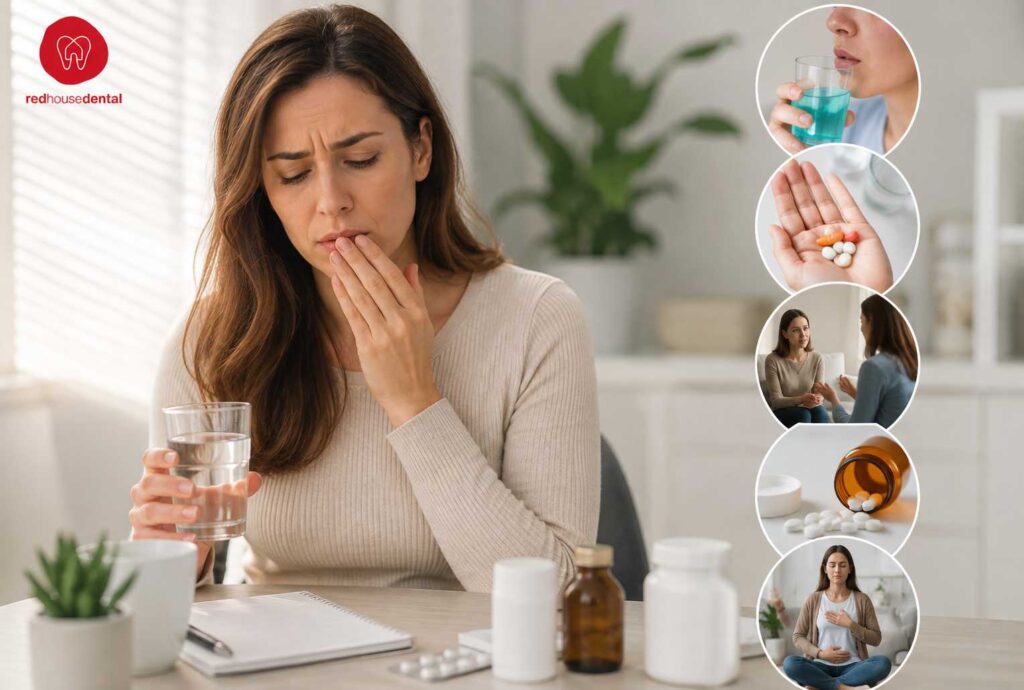 A woman experiencing symptoms of Burning Mouth Syndrome while considering treatment options.