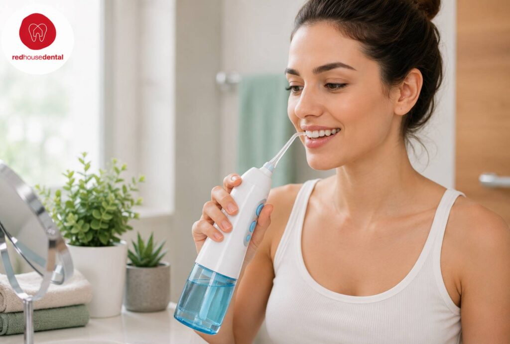 Smiling woman using a Water Flosser for her daily oral hygiene routine in the bathroom.