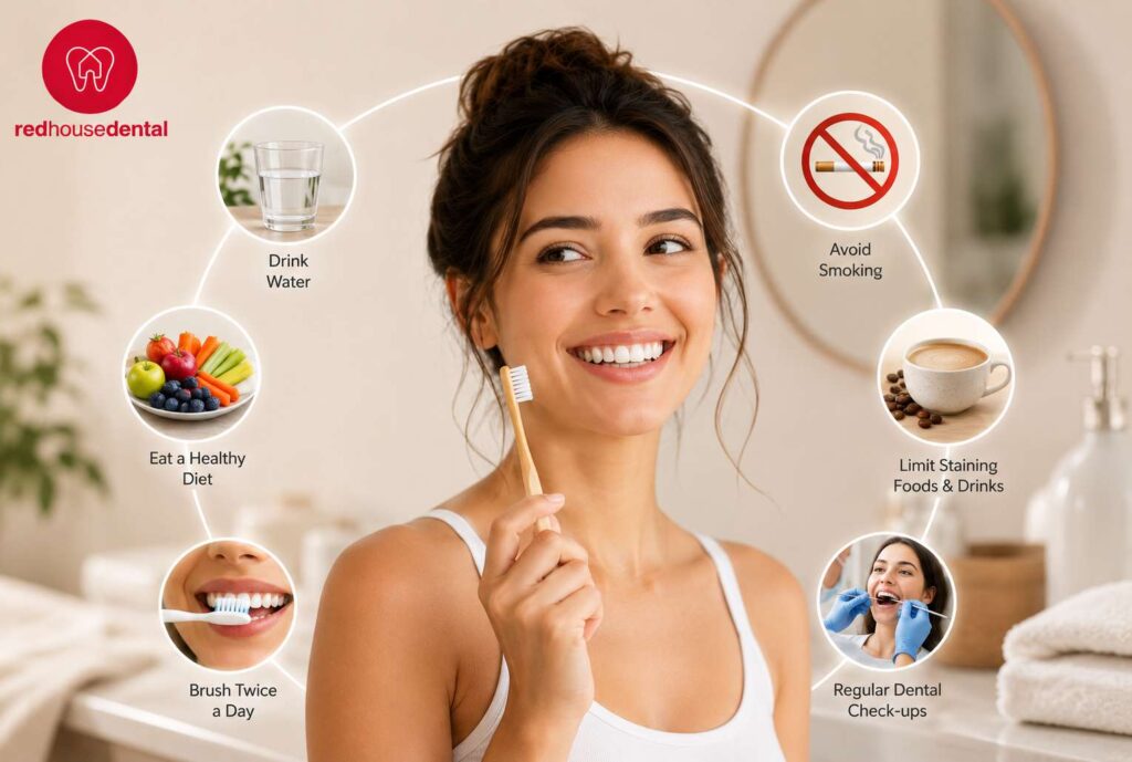 Woman brushing her teeth with tips to prevent Tooth Discoloration.