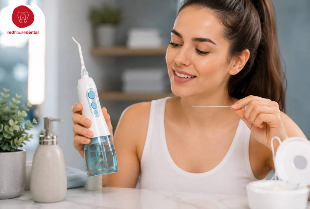 Woman comparing a Water Flosser with traditional dental floss as part of her oral hygiene routine.