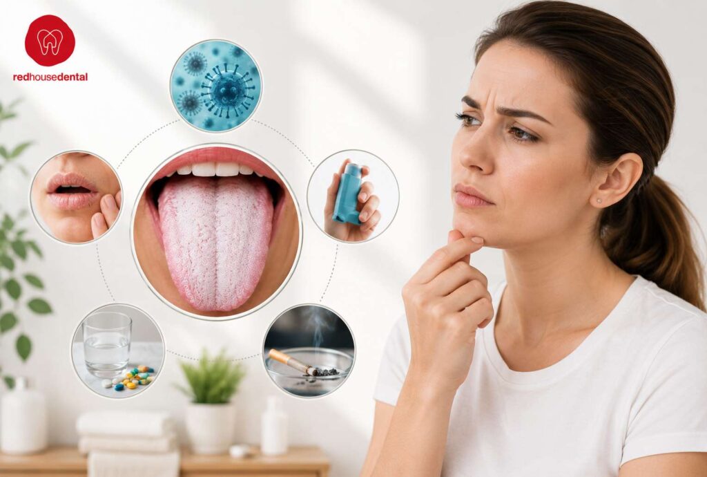 Woman examining her symptoms with an illustration of a White Tongue and its possible causes.
