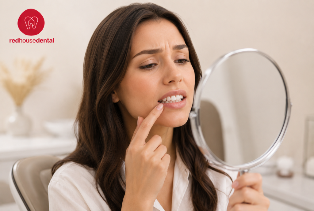Woman examining her teeth for signs of Tooth Discoloration.
