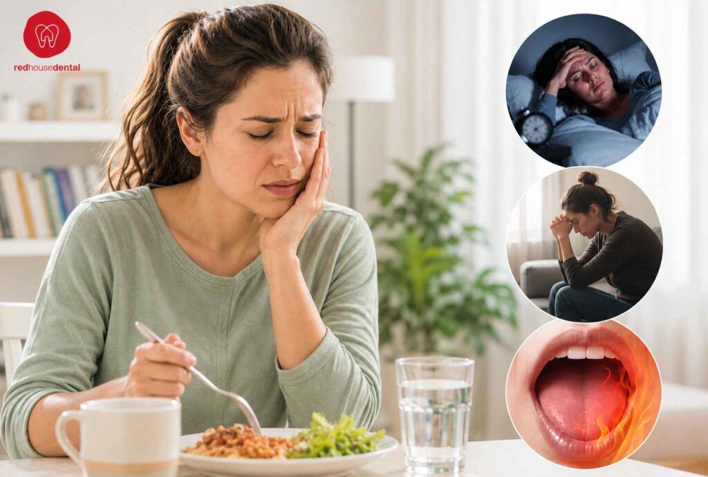 Woman experiencing symptoms associated with Burning Mouth Syndrome, including mouth pain and discomfort.