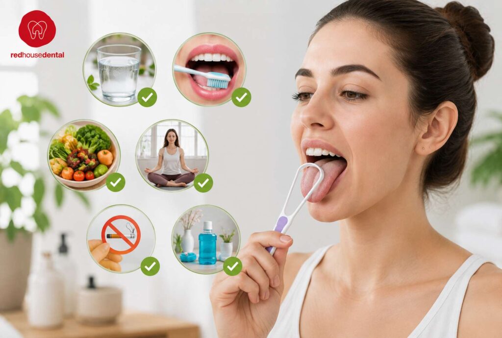 Woman using a tongue scraper to improve oral hygiene and prevent White Tongue.