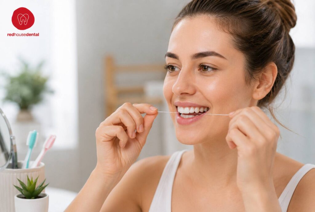 Woman using dental floss to clean between her teeth as part of her daily oral hygiene routine.